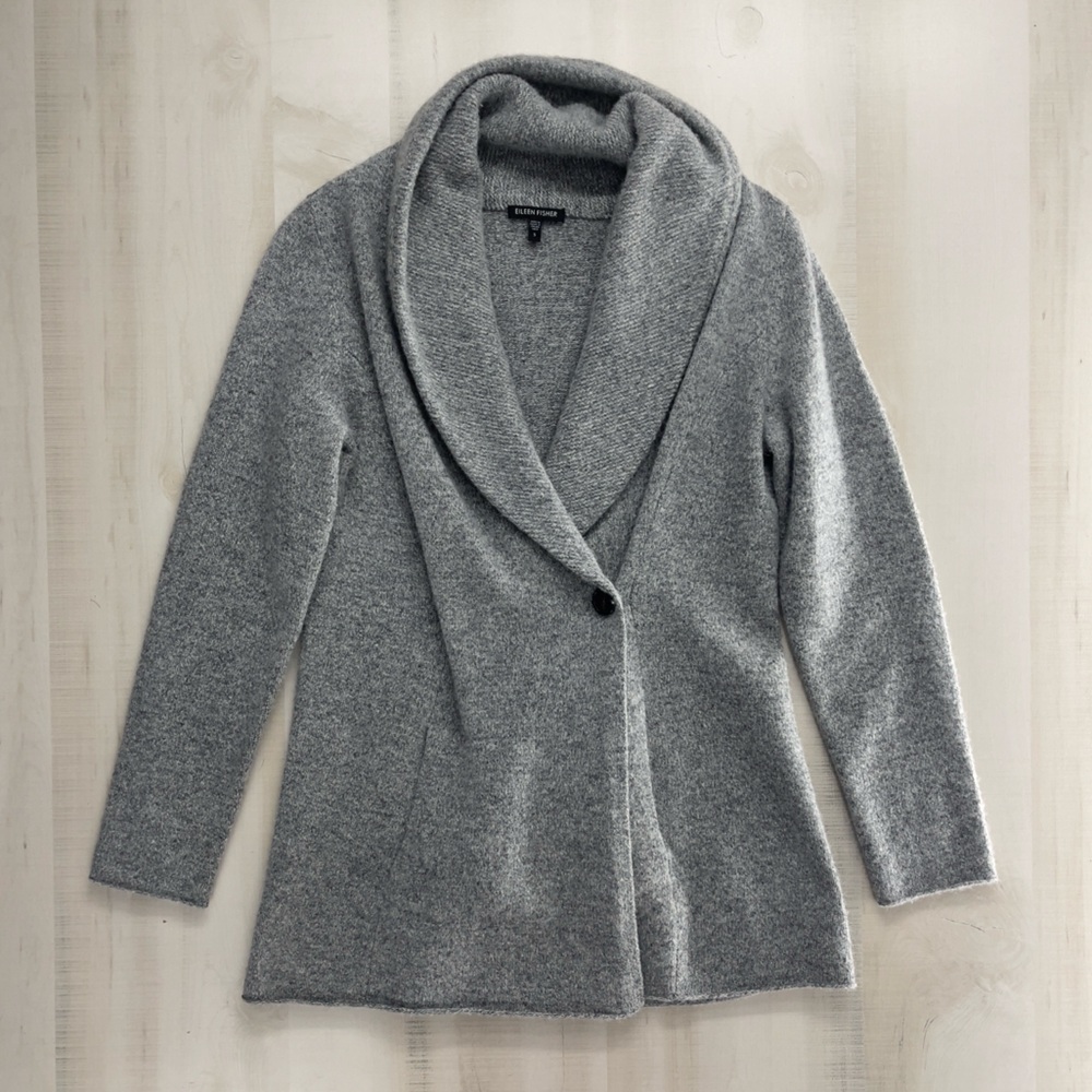 EILEEN FISHER women’s cashmere lambs wool cowl neck gray sweater cardigan top S